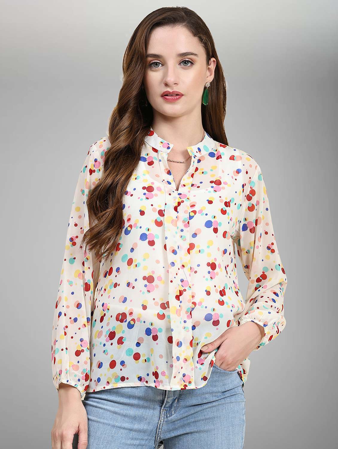 women cream polka dot straight top