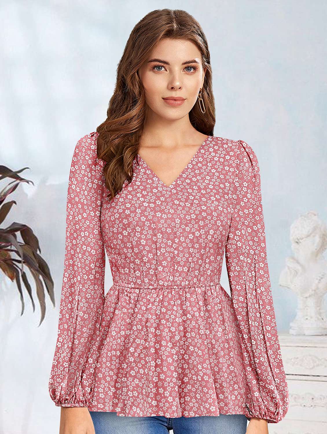 women v-neck floral printed peplum top