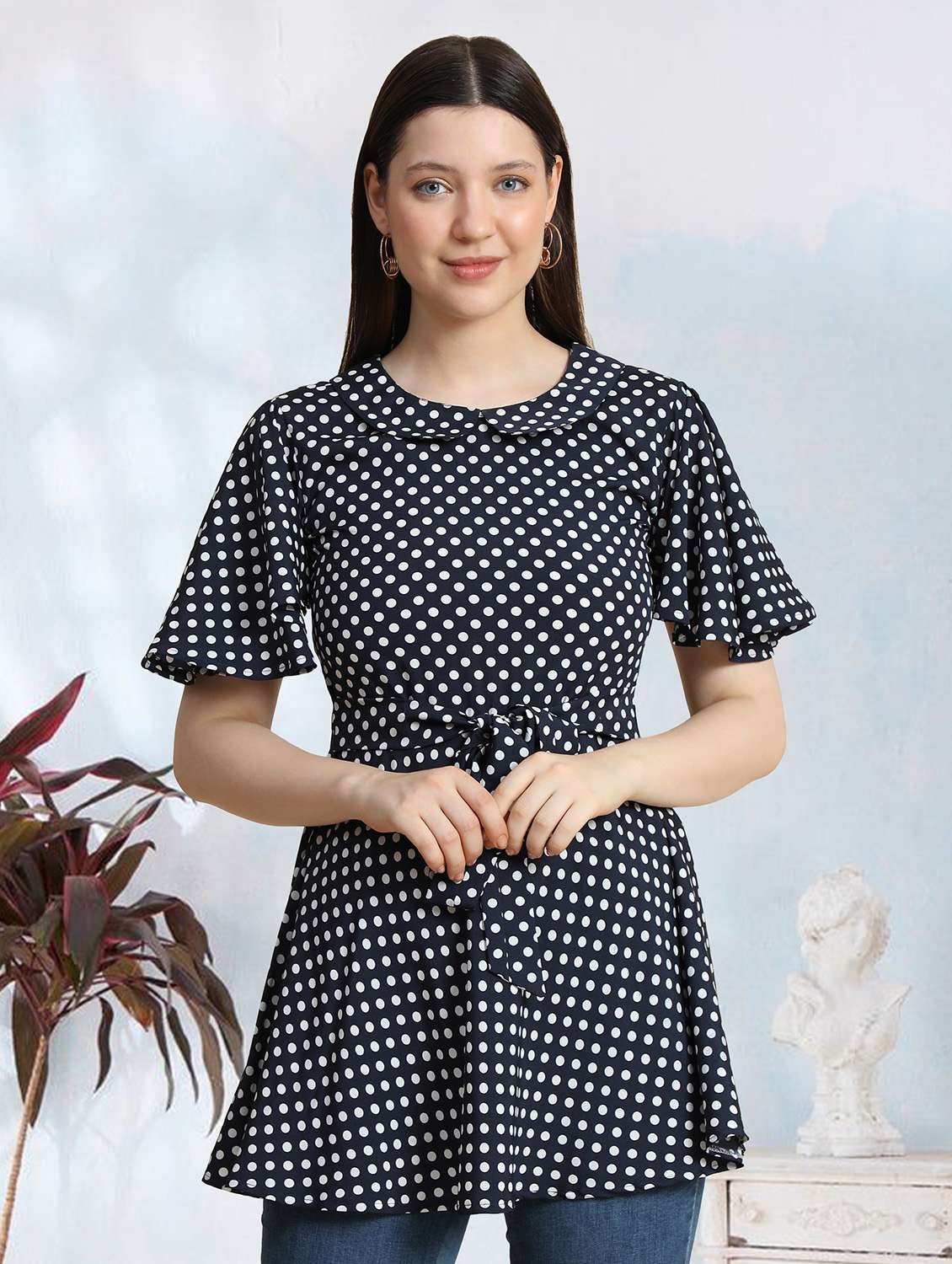 navy blue polka dots a line top