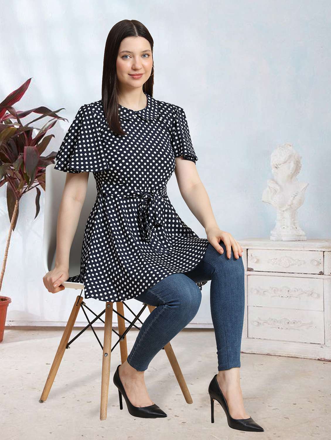 navy blue polka dots a line top - 20969761 - Standard Image - 3