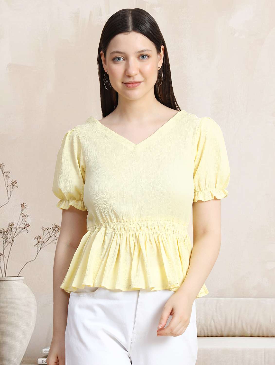 women v-neck solid peplum top