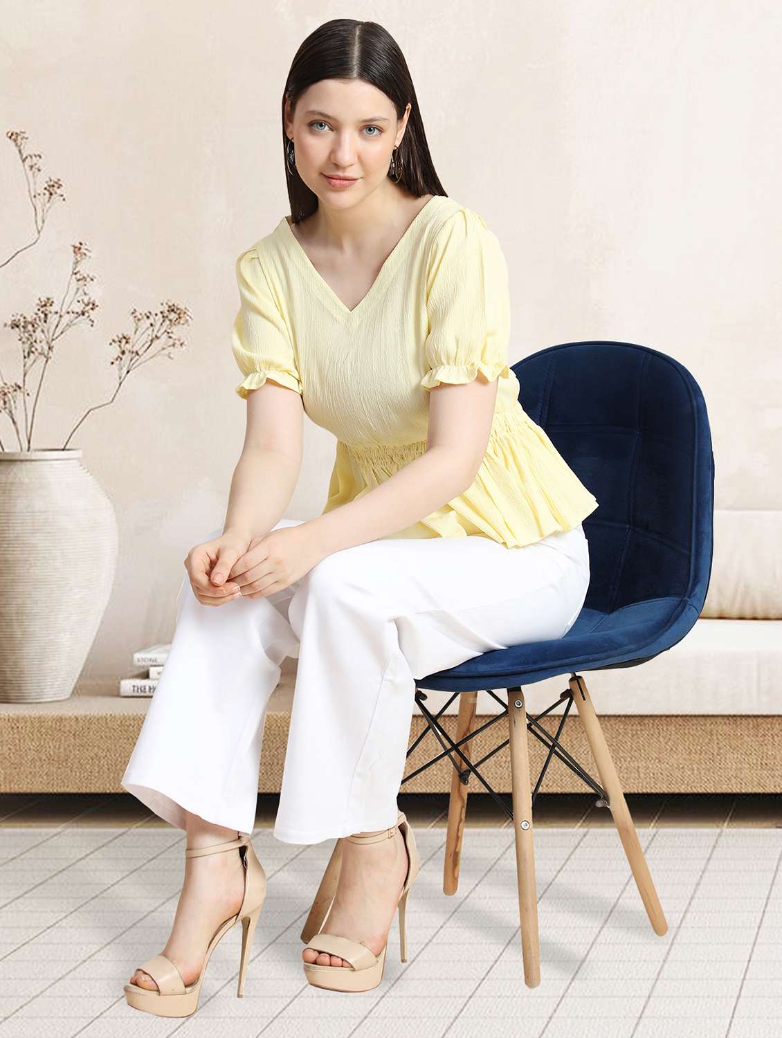 women v-neck solid peplum top - 20969766 -  Standard Image - 3