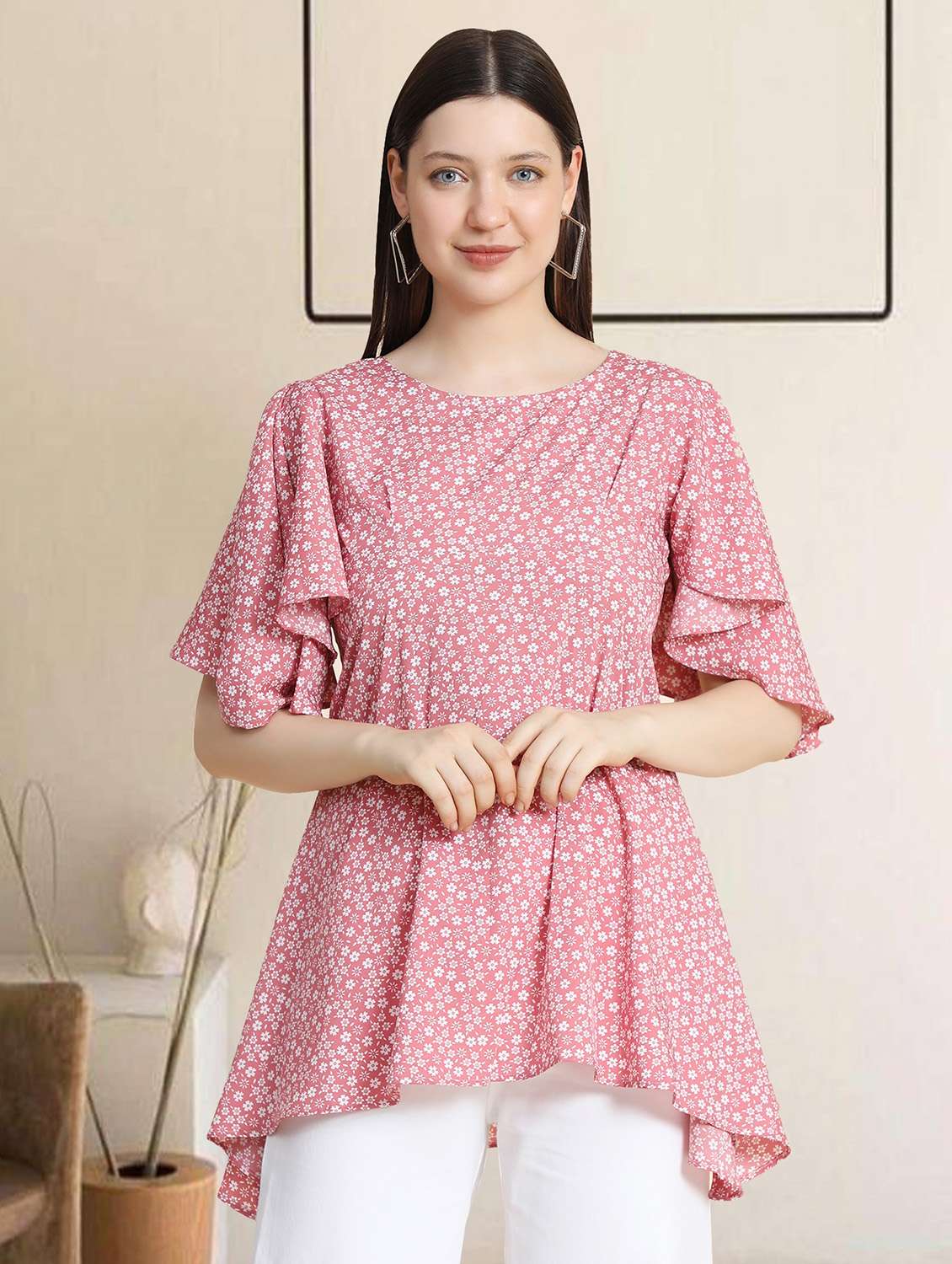 women pink floral printed high-low top