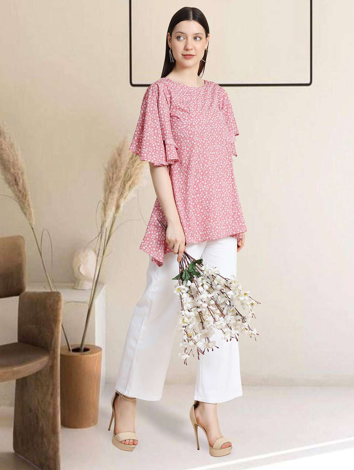 women pink floral printed high-low top - 20969769 -  Standard Image - 3