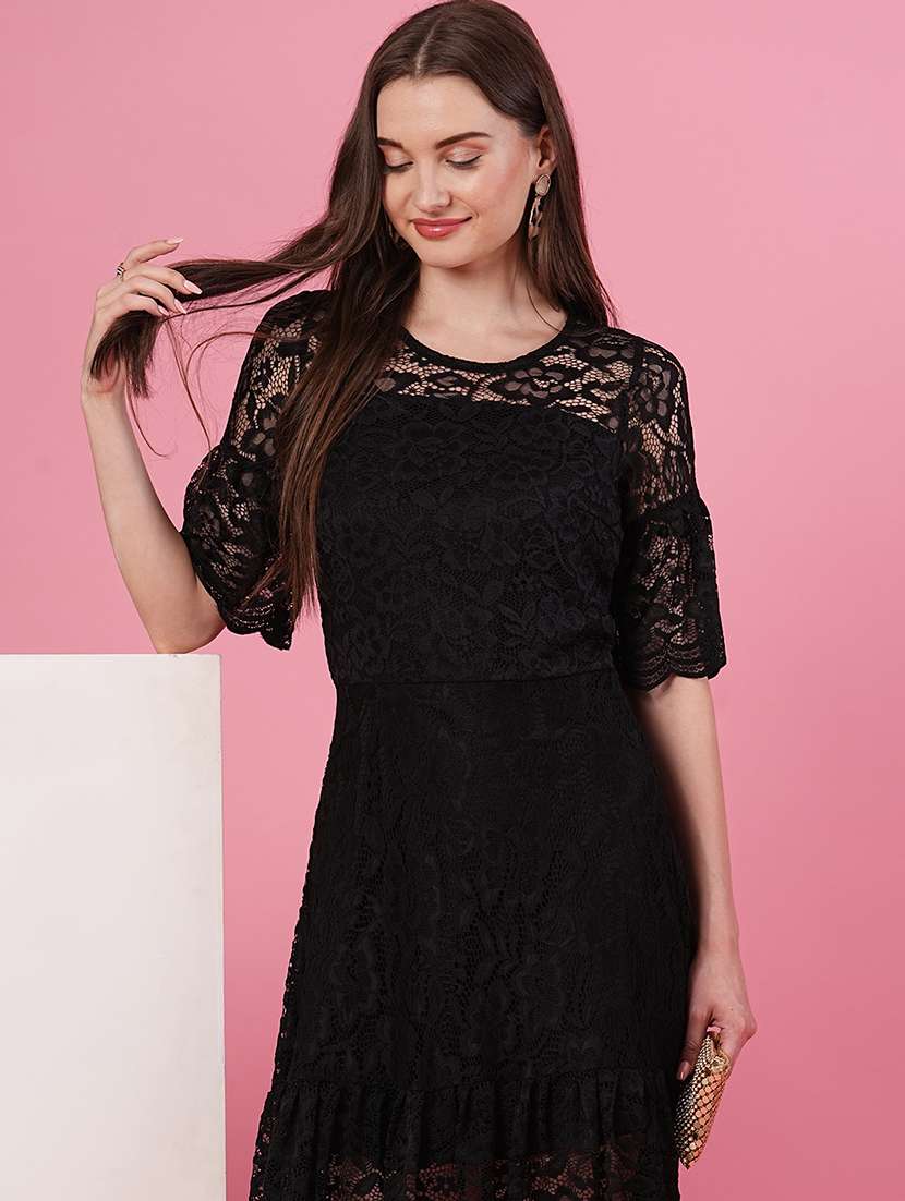 globus women black bell sleeves flared hem floral lace a-line party dress - 20969806 -  Standard Image - 3