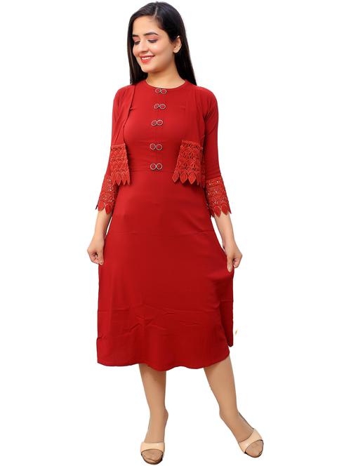 maroon detailed a-line dress with jacket - 20969931 - Standard Image - 0