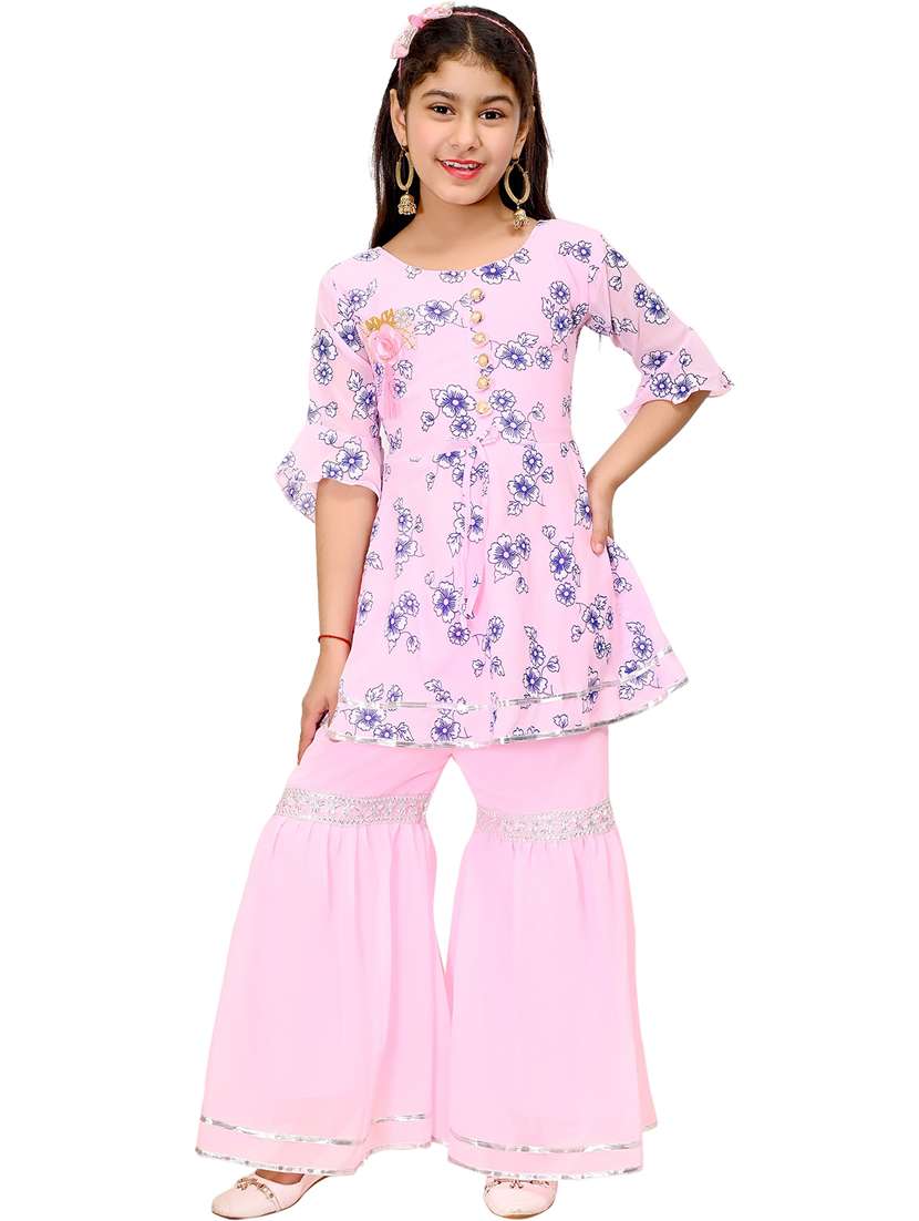 pink floral printed detailed kurta & sharara set