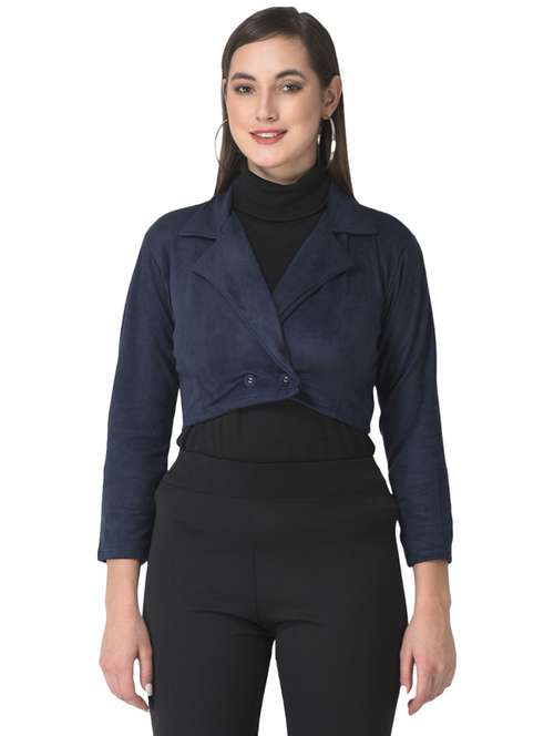 solid navy blue velvet crop jacket - 20970362 - Standard Image - 0