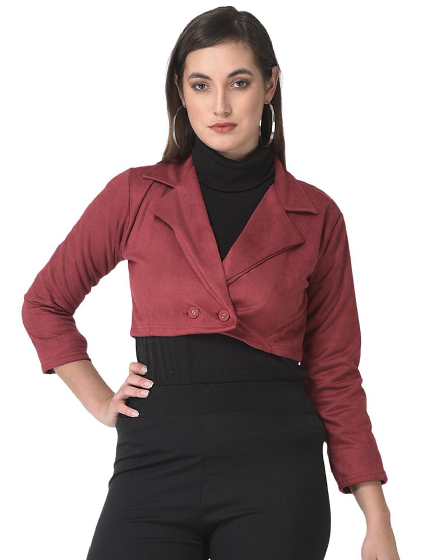solid maroon velvet crop jacket - 20970365 - Zoom Image - 0