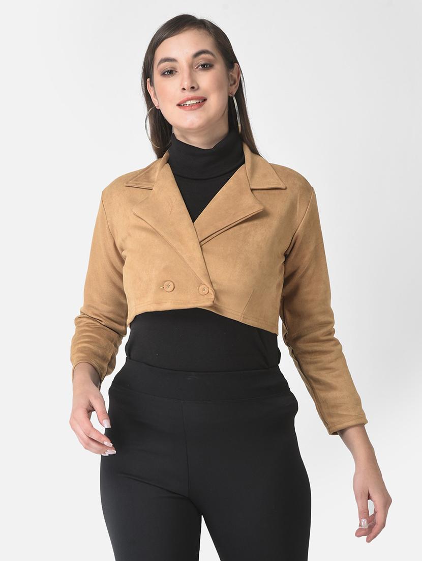 solid brown velvet crop jacket - 20970376 -  Zoom Image - 0