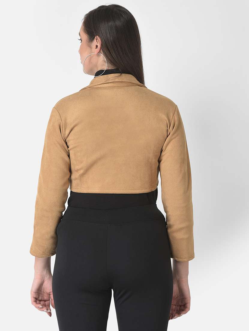 solid brown velvet crop jacket - 20970376 - Standard Image - 3