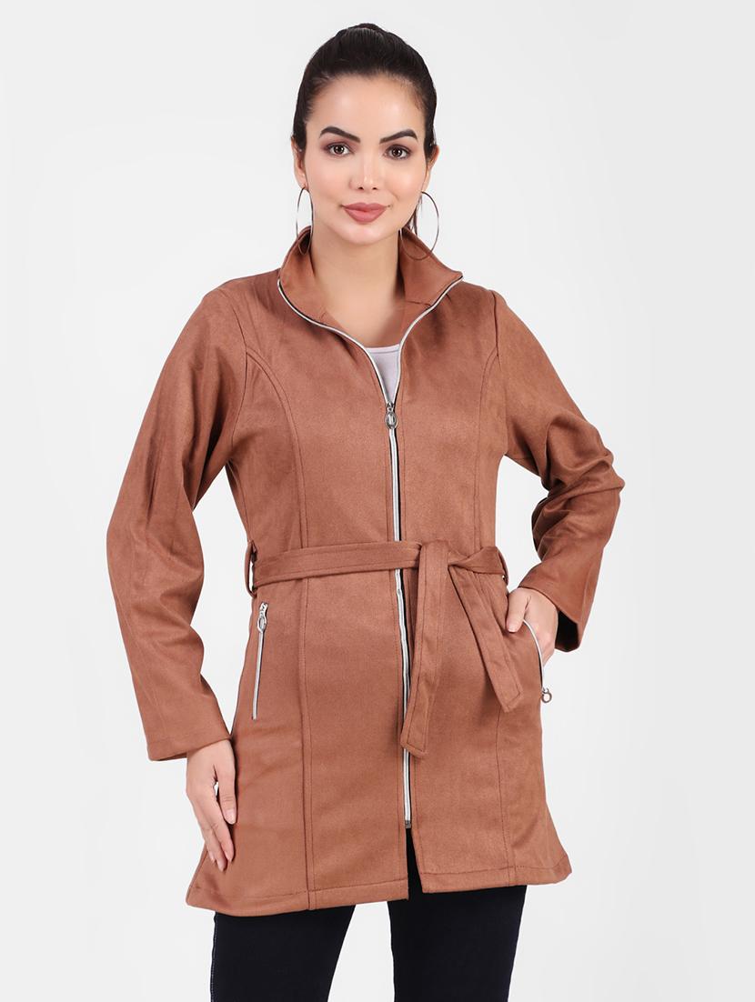 solid brown fleece casual jacket