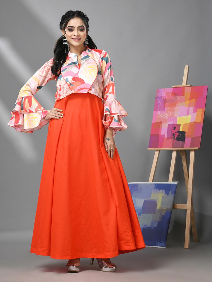 orange solids fit & flare dress with crop top - 20970904 -  Zoom Image - 0