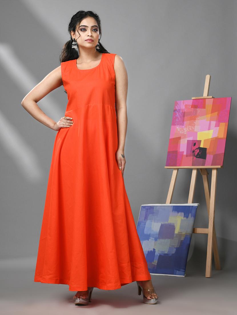 orange solids fit & flare dress with crop top - 20970904 - Standard Image - 3
