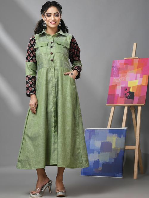 women green shirt collar solids a-line dress - 20970908 - Standard Image - 0