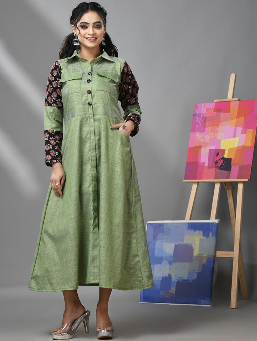 women green shirt collar solids a-line dress - 20970908 - Zoom Image - 0