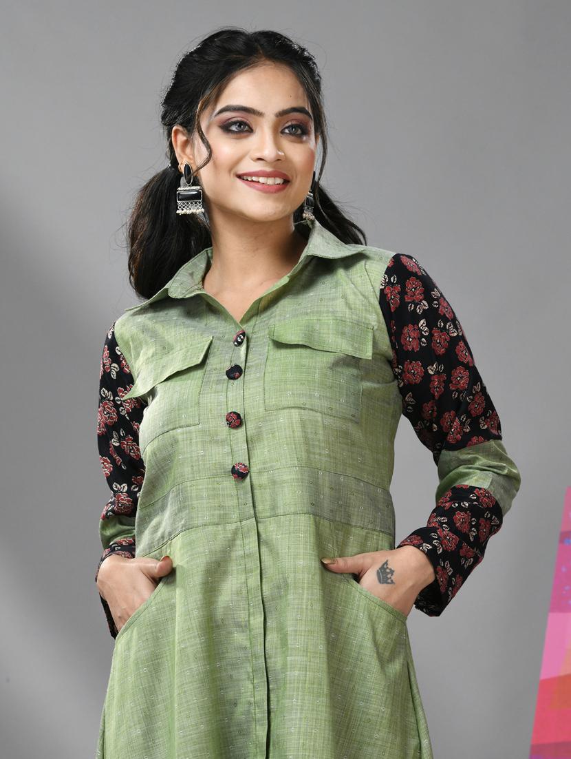 women green shirt collar solids a-line dress - 20970908 - Standard Image - 3