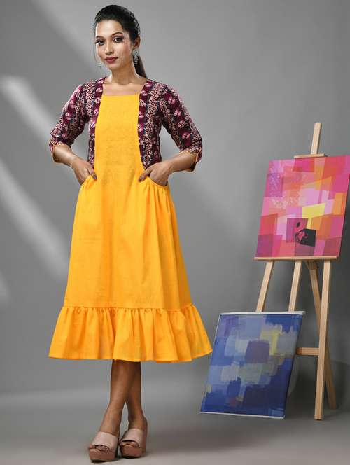 yellow solids fit & flared dress with shrug - 20970909 - Standard Image - 0