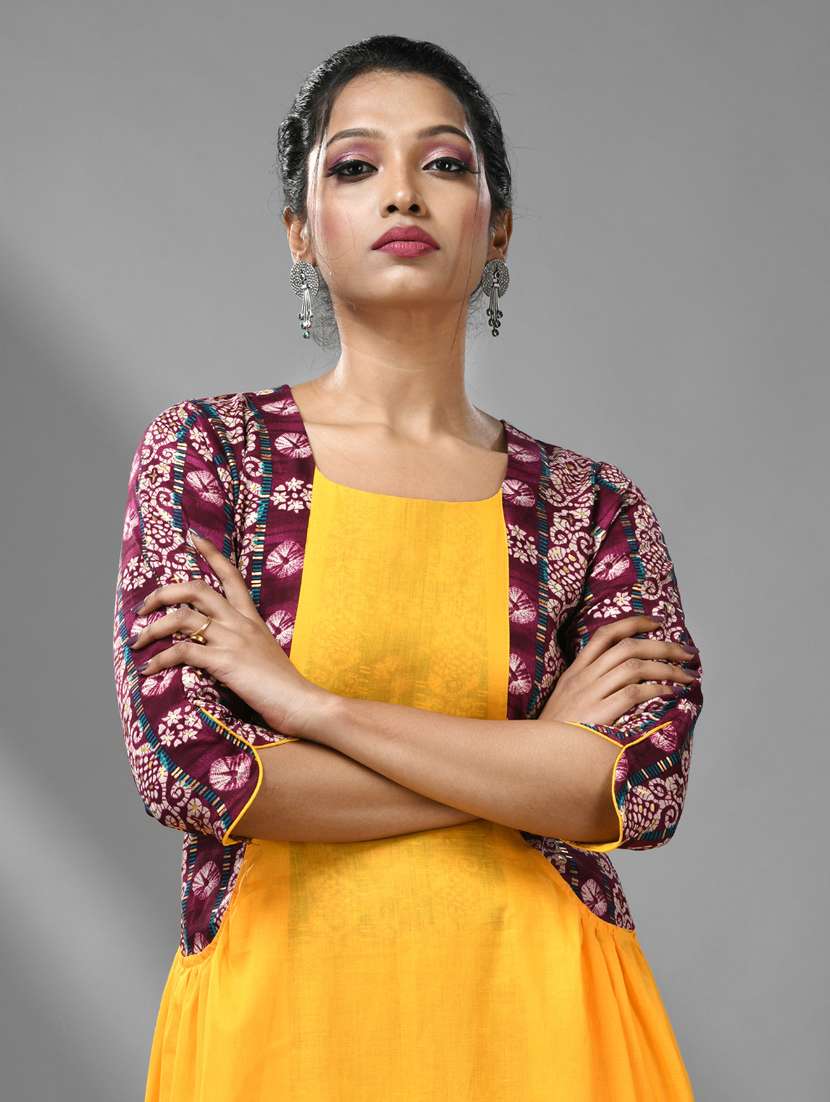 yellow solids fit & flared dress with shrug - 20970909 - Standard Image - 3