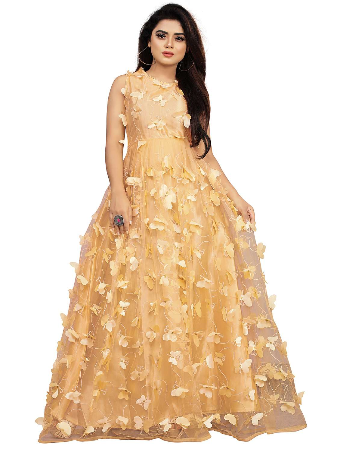 women applique butterfly net flare gown - 20971407 - Zoom Image - 0