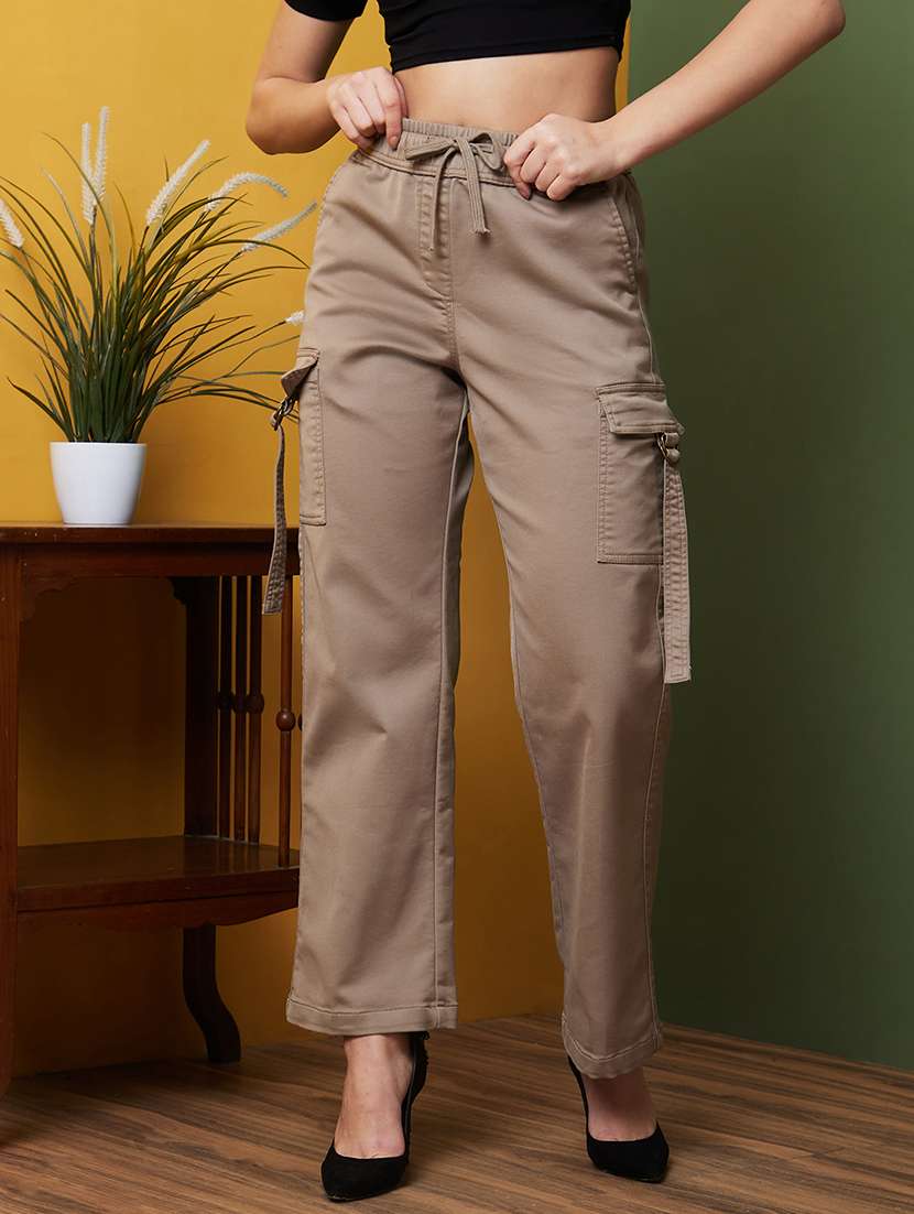 globus women mouse mid-rise elasticated drawstring waist straight fit cargo trousers