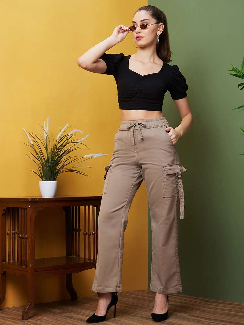 globus women mouse mid-rise elasticated drawstring waist straight fit cargo trousers - 20971610 -  Standard Image - 3