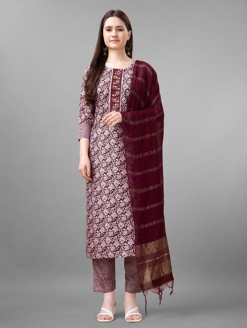 maroon floral print kurta pant set - 20971632 -  Zoom Image - 0