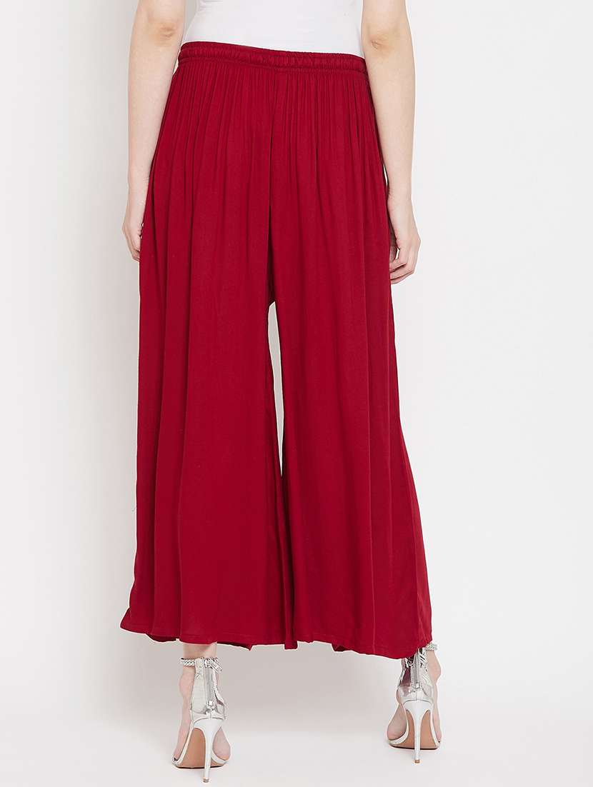 solid maroon flared detailed palazzo - 20972063 -  Standard Image - 3