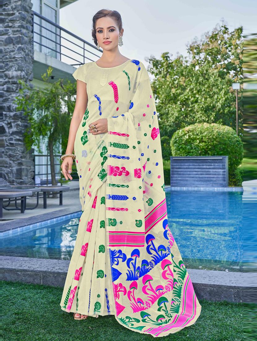 off-white ikkat saree - 20973661 - Zoom Image - 0