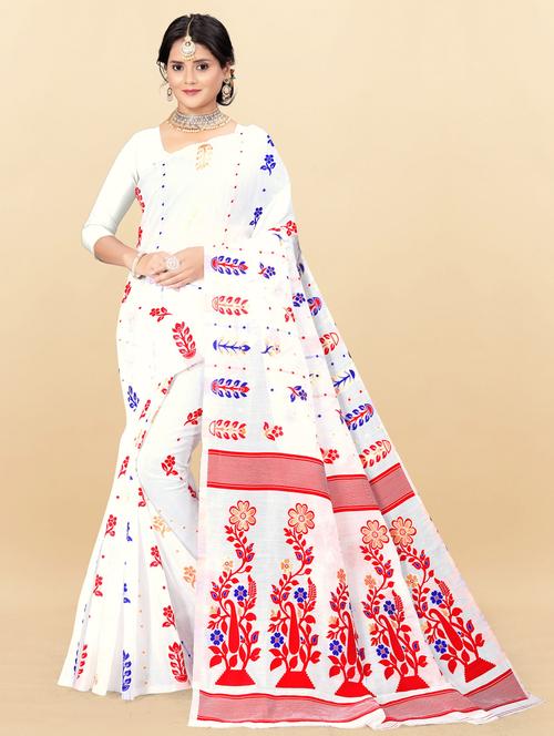 white cotton blend jamdani saree with blouse - 20973663 -  Standard Image - 0
