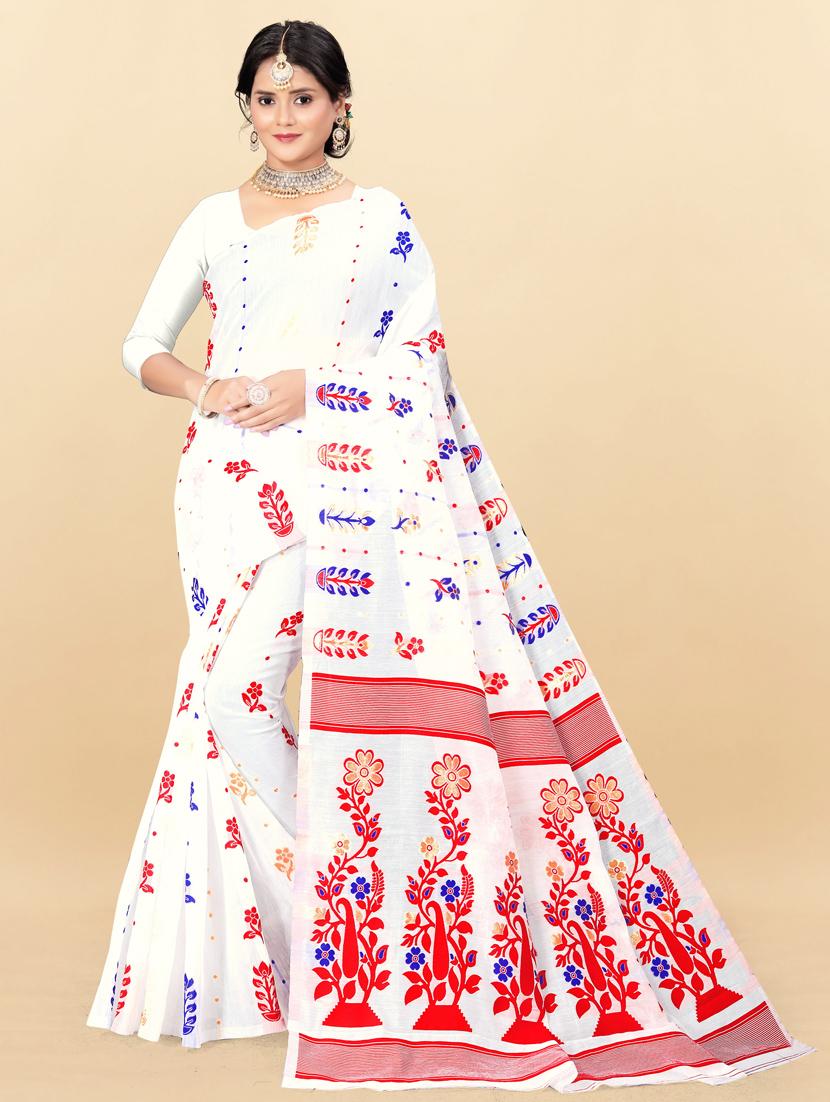 white cotton blend jamdani saree with blouse - 20973663 -  Zoom Image - 0