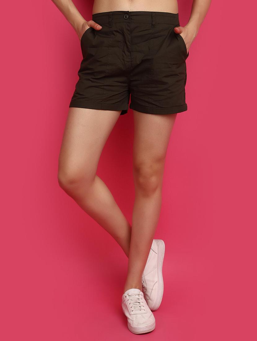 women solid olive green shorts