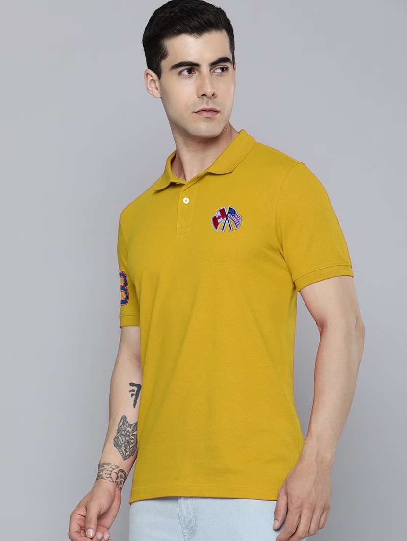 men yellow regular fit placement print polo t-shirt