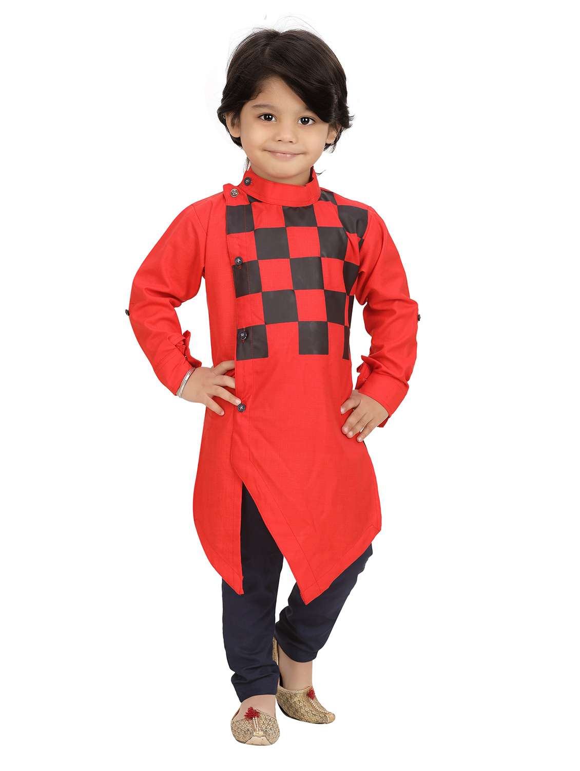 boys checkered asymmetric kurta & pyjama set