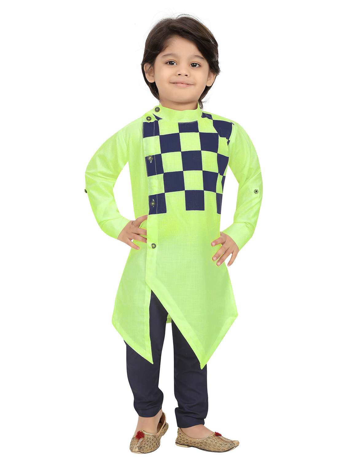 boys checkered asymmetric kurta & pyjama set