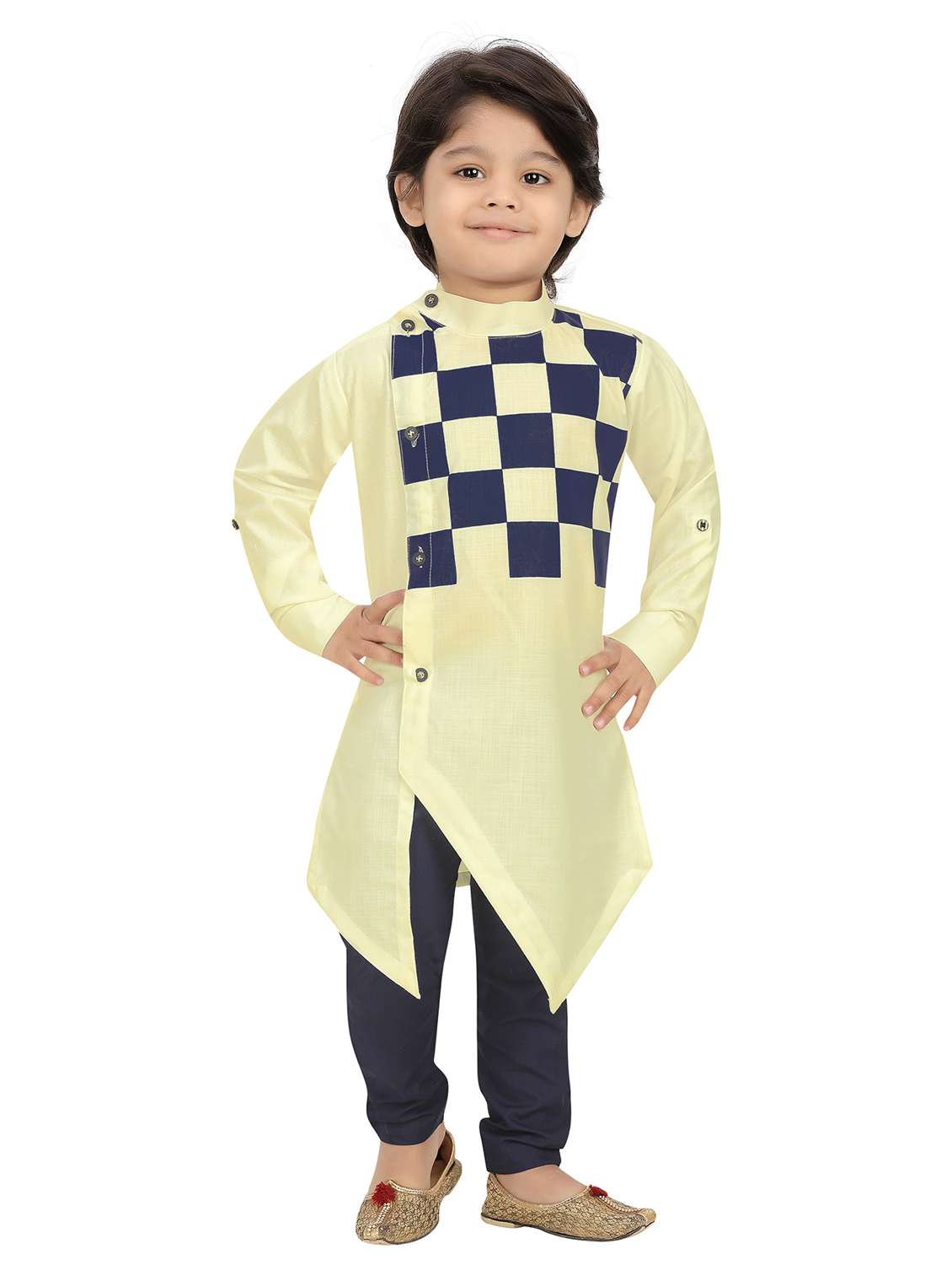 boys checkered asymmetric kurta & pyjama set