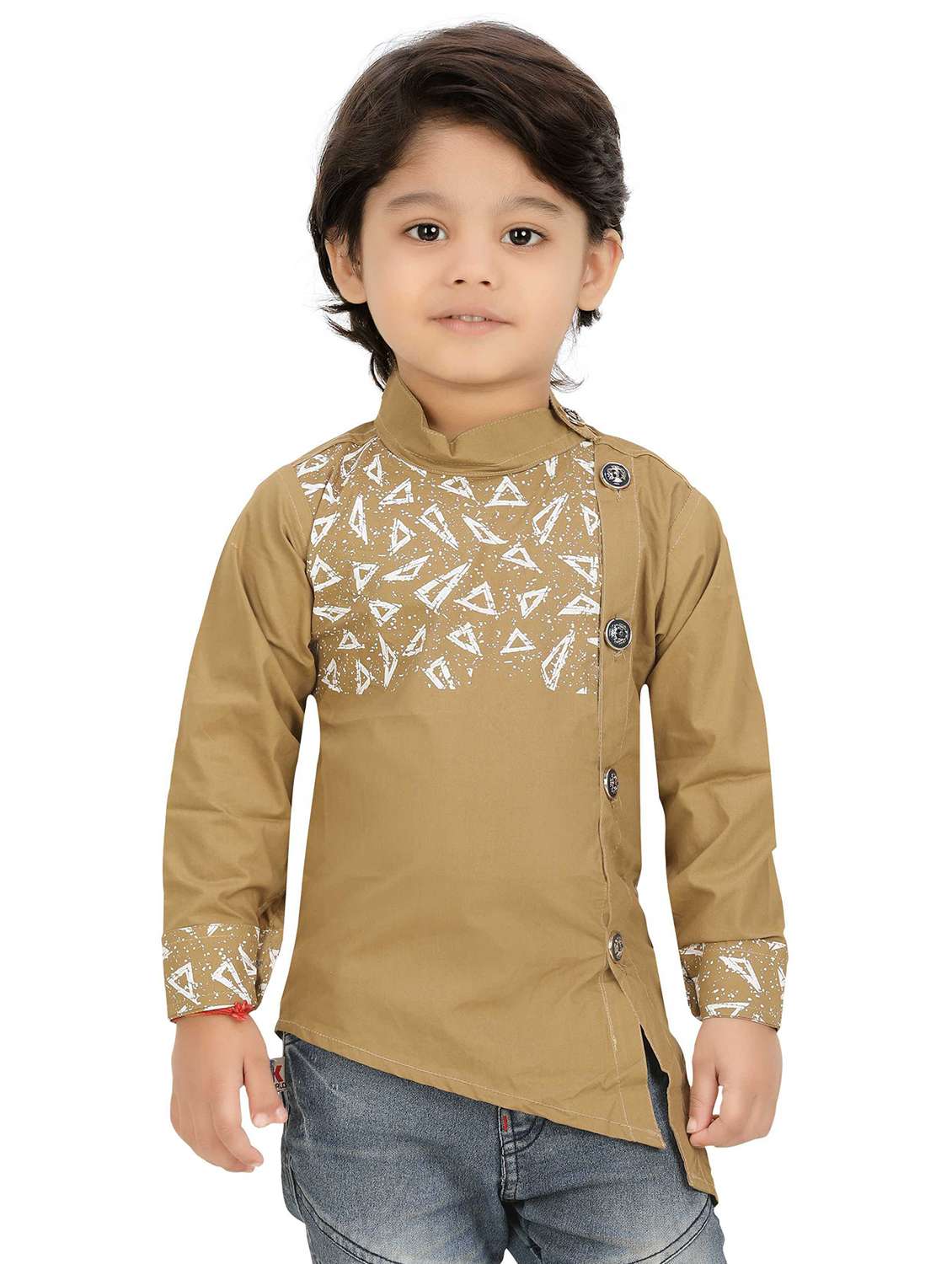 mustard cotton blend kurta kurtas & kurta boys placement printed asymmetric kurta 