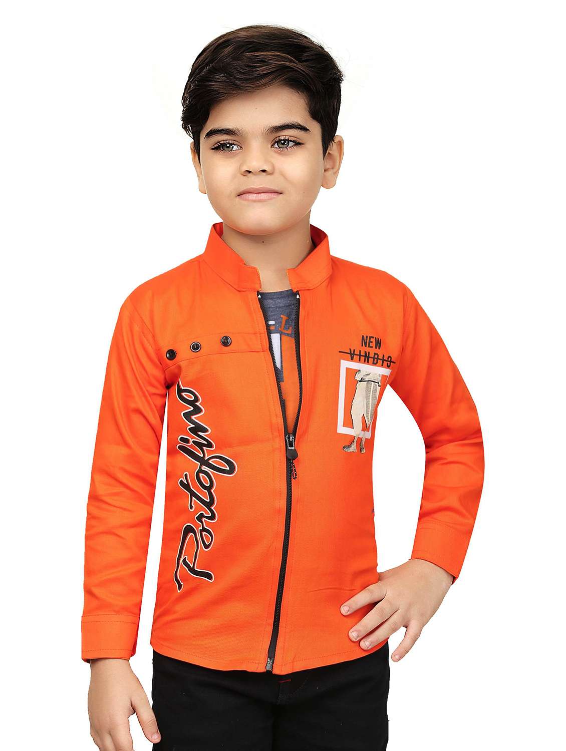 boys mandarin neck typographic printed jacket with attached t-shirt