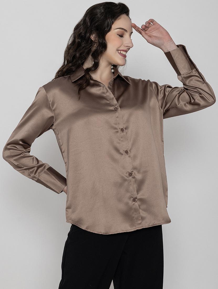coffee brown satin plain shirt - 20982217 - Standard Image - 3
