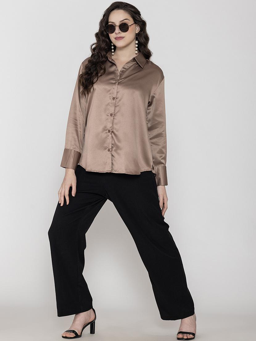 coffee brown satin plain shirt - 20982217 - Standard Image - 5