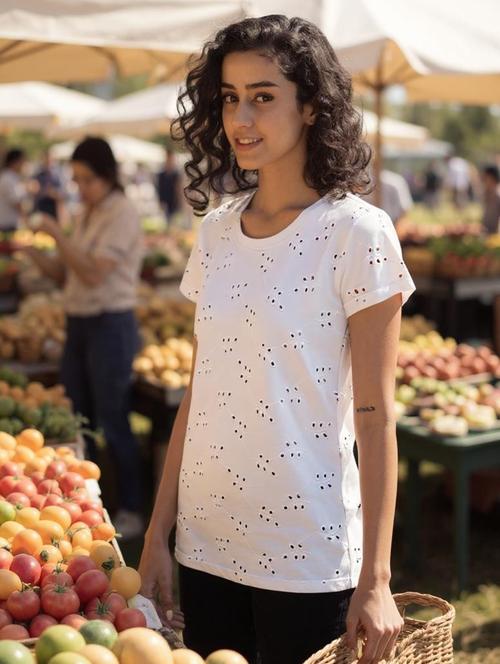 women schiffli cotton t-shirt - 20982403 -  Standard Image - 0