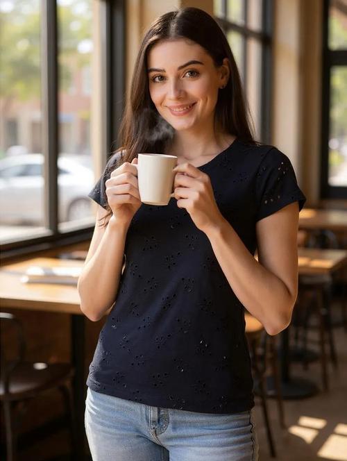 women schiffli cotton t-shirt - 20982418 - Standard Image - 0
