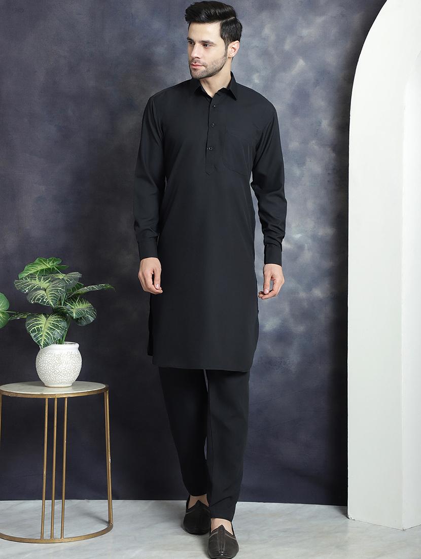 black cotton blend kurta pyjama ethnic wear set - 20982488 -  Zoom Image - 0