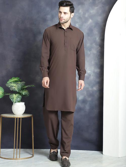 coffee cotton blend kurta pyjama ethnic wear set - 20982489 -  Standard Image - 0