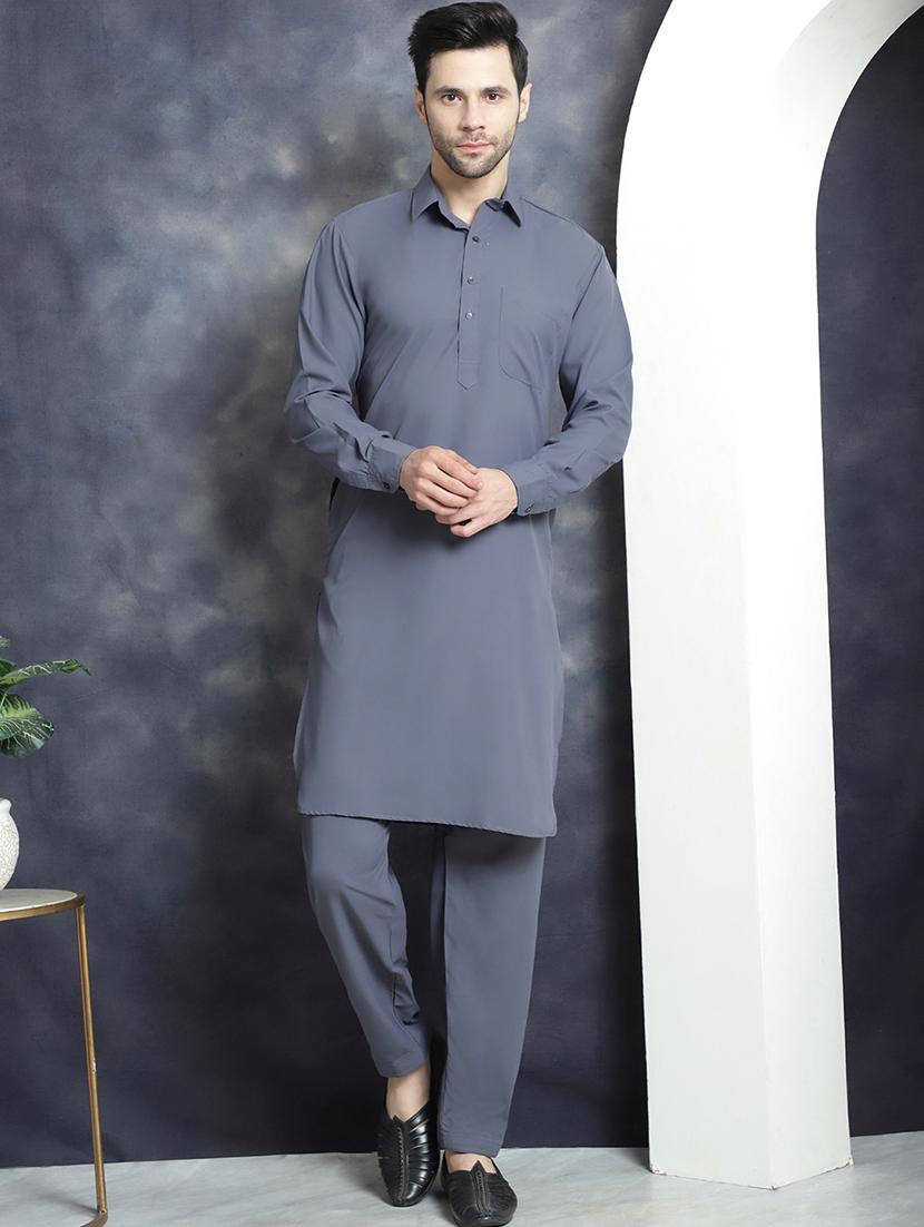 grey cotton blend kurta pyjama ethnic wear set - 20982491 - Zoom Image - 0