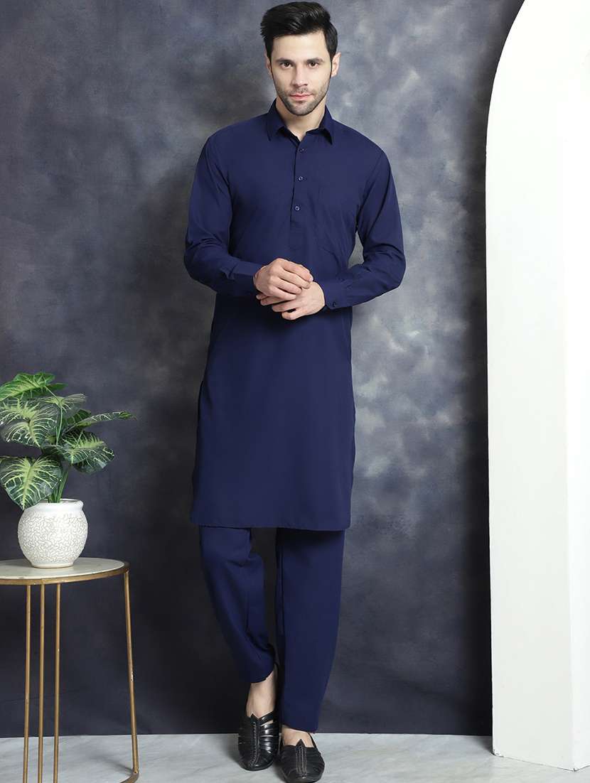 navy cotton blend kurta pyjama ethnic wear set