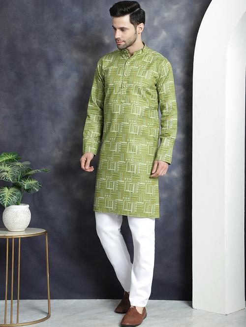 olive cotton blend kurta pyjama ethnic wear set - 20982505 - Standard Image - 0