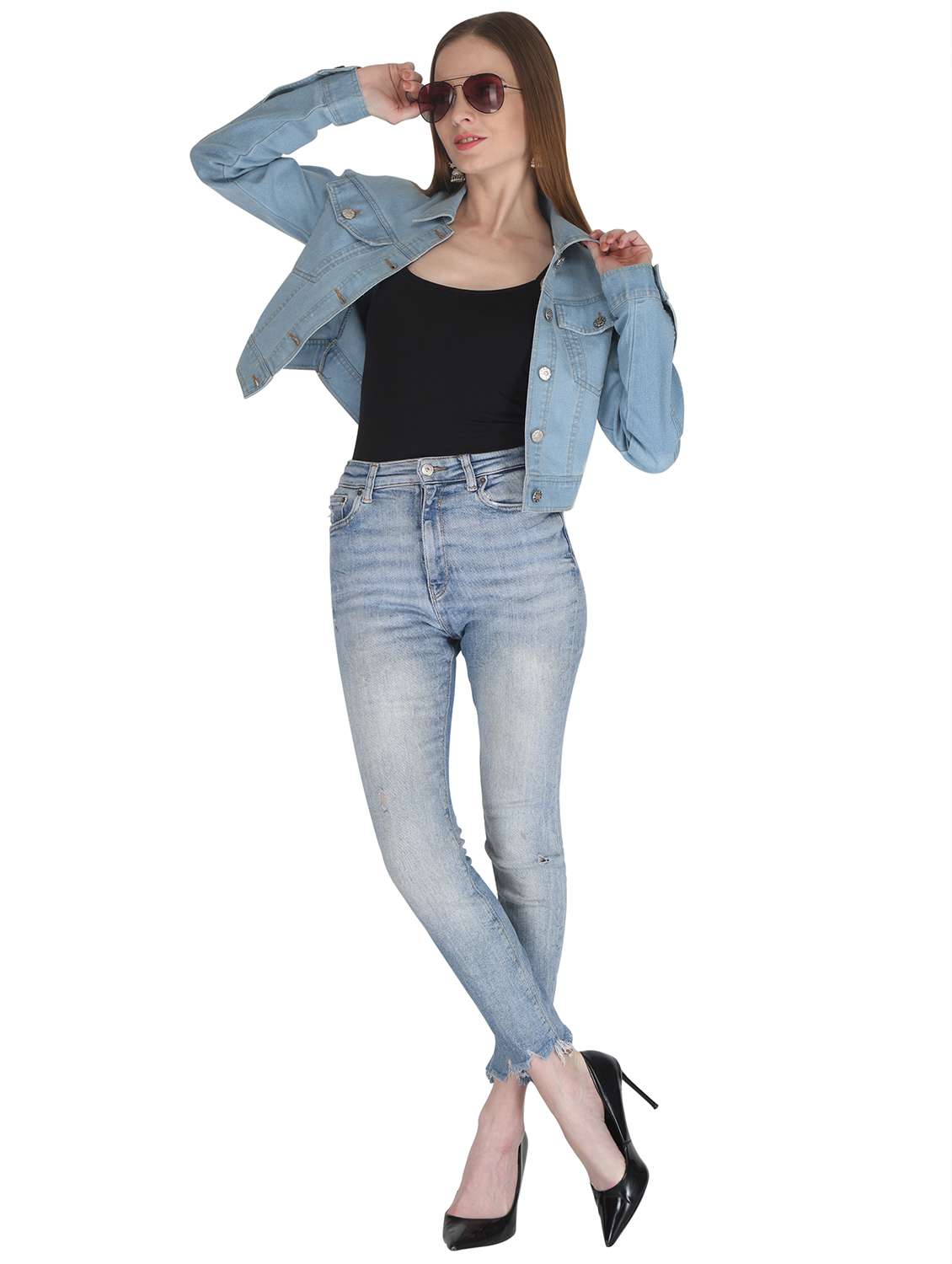 women light blue solid denim jacket - 20983675 - Standard Image - 3