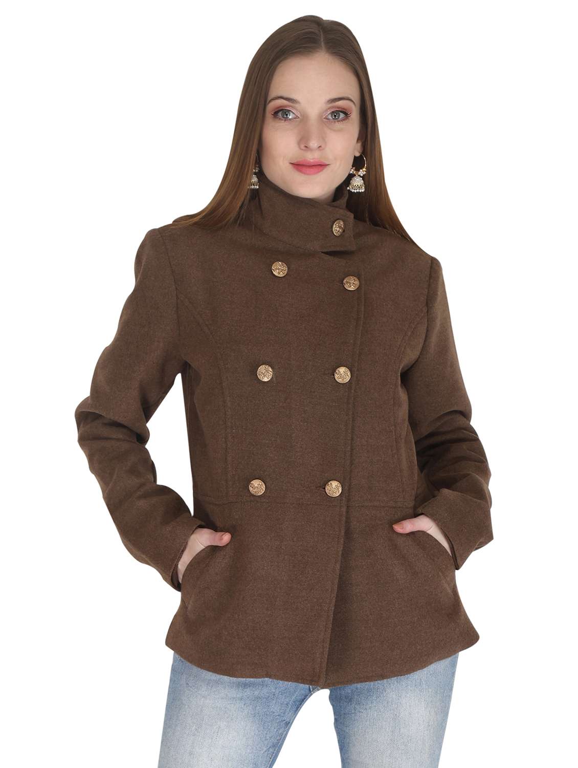 solid brown detailed regular woollen coat