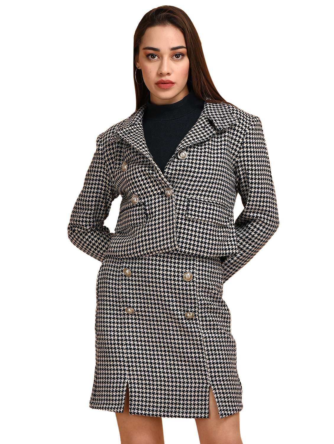 black printed detailed casual woollen coat